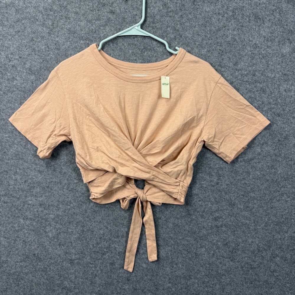 Aerie Womens Peach Crossover Tie Front Crop Top Short Sleeve XS NWT
